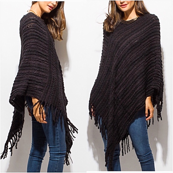 Black Soft Sweater Poncho Scarf Wrap OS - Picture 3 of 8